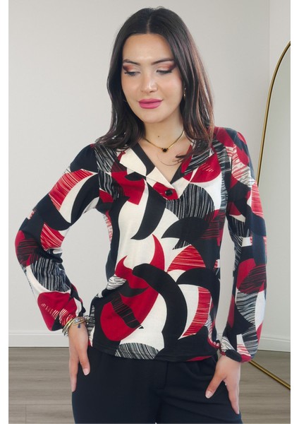 Lupinn Moda Kadın Siyah Kırmızı Modern Desenli V Yaka Uzun Kollu Şık Bluz