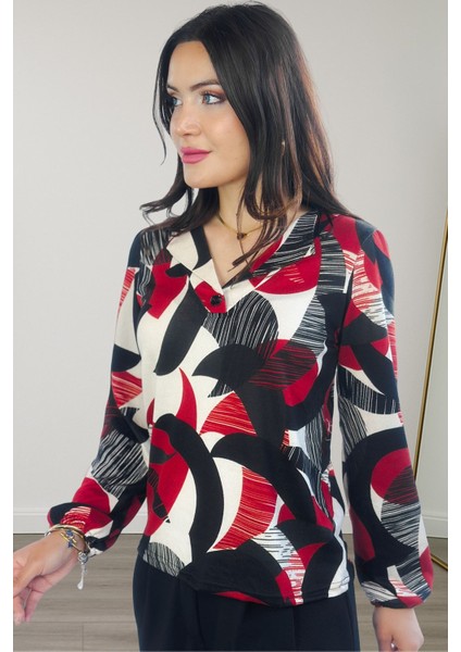 Lupinn Moda Kadın Siyah Kırmızı Modern Desenli V Yaka Uzun Kollu Şık Bluz modelleri