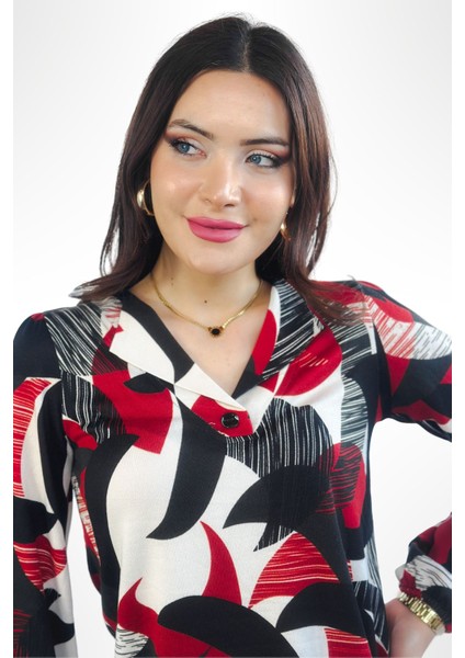 Lupinn Moda Kadın Siyah Kırmızı Modern Desenli V Yaka Uzun Kollu Şık Bluz fırsatları