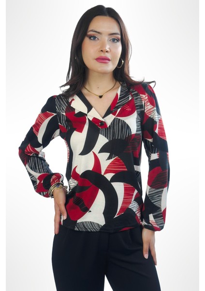 Lupinn Moda Kadın Siyah Kırmızı Modern Desenli V Yaka Uzun Kollu Şık Bluz indirimleri