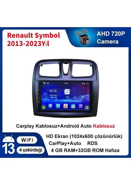 Renault Symbol 2013-2023 Yıl Uyumlu 9 Inç 4 GB Ram 32 GB Hafıza Multimedya Carplay Navigasyon