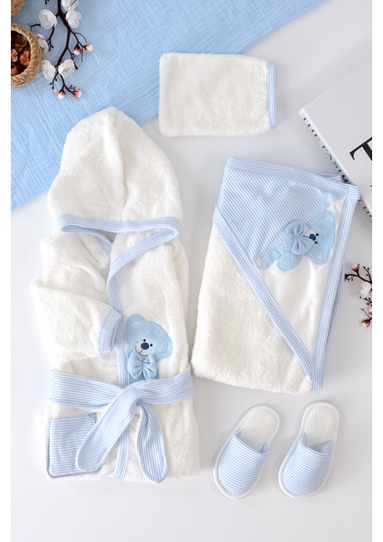 Erkek Bebek Bear Bornoz Takımı Havlu Seti % 100 Pamuk Kumaş 0- 2 Yaş STL6986