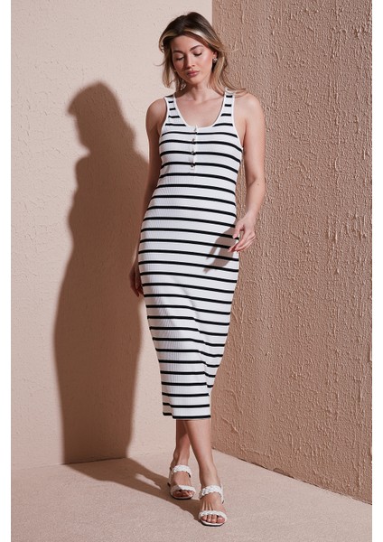 Slim Fit Yuvalak Yaka Düğmeli Midi Boy Elbise Bayan Elbise 25Y0375K1