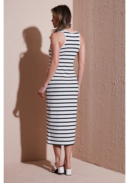 Slim Fit Yuvalak Yaka Düğmeli Midi Boy Elbise Bayan Elbise 25Y0375K1