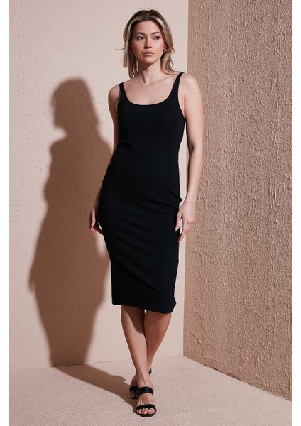 Standart Fit Kare Yaka Midi Boy Elbise Bayan Elbise 25Y0299K1