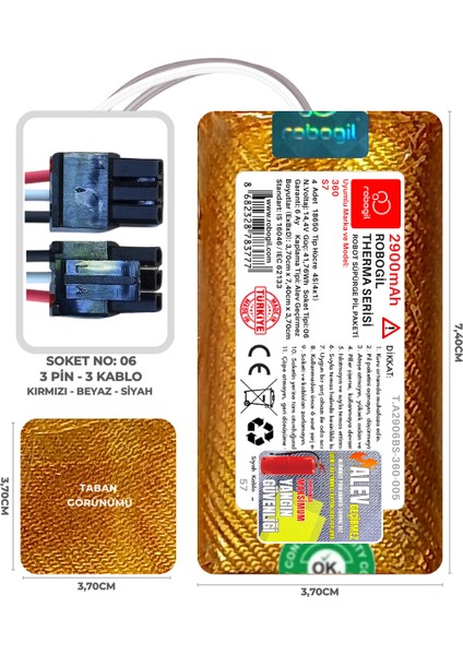 360 S7 2900MAH Therma Serisi Alev Geçirmez Kaplamalı Uyumlu Robot Süpürge Bataryası T.A2906BS-360-005