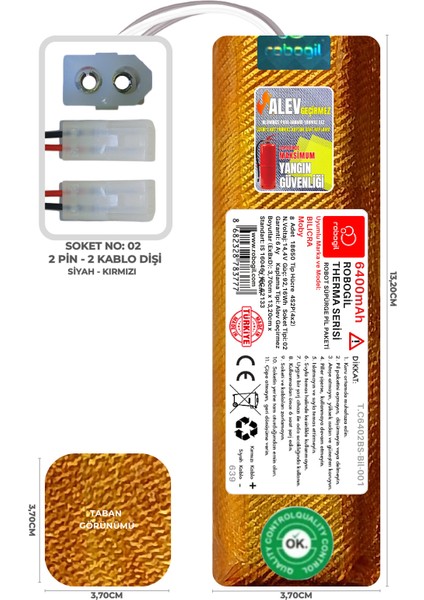 Bilicra Moby 6400MAH Therma Serisi Alev Geçirmez Kaplamalı Uyumlu Robot Süpürge Bataryası T.C6402BS-BIL-001
