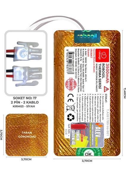 Irobat Queen 3500MAH Therma Serisi Alev Geçirmez Kaplamalı Uyumlu Robot Süpürge Bataryası T.A3517BS-IRO-001