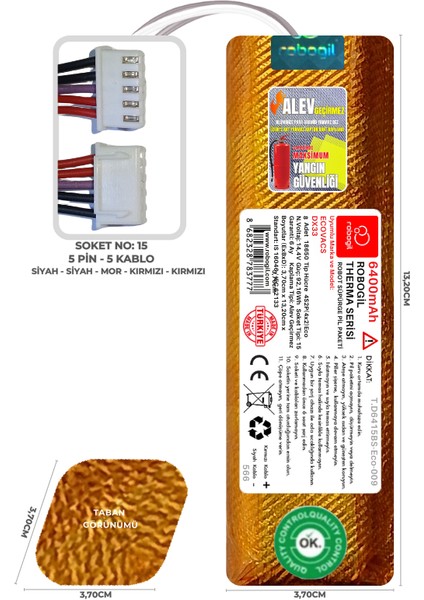 Ecovacs DX33 6400MAH Therma Serisi Alev Geçirmez Kaplamalı Uyumlu Robot Süpürge Bataryası T.D6415BS-ECO-009