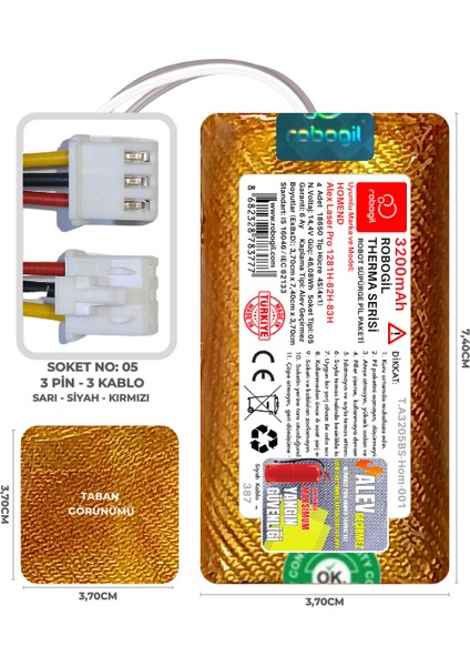 Homend Alex Laser Pro 1281H-82H-83H 3200MAH Therma Serisi Alev Geçirmez Kaplamalı Uyumlu Robot Süpürge Bataryası T.A3205BS-HOM-001