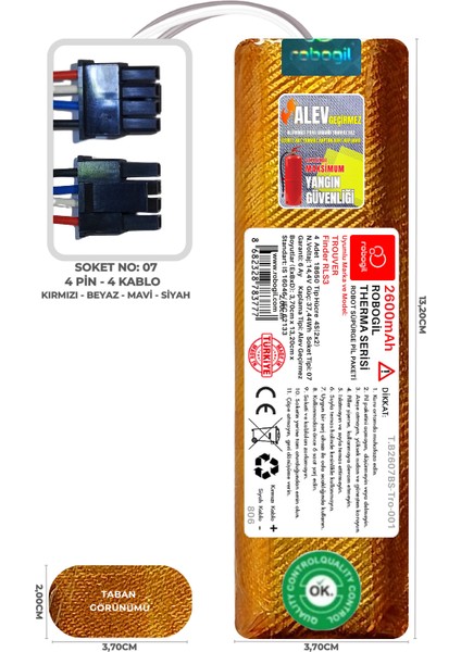 Trouver Finder Rls3 2600MAH Therma Serisi Alev Geçirmez Kaplamalı Uyumlu Robot Süpürge Bataryası T.B2607BS-TRO-001