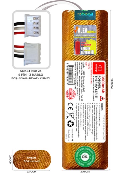 Yeedi S11 3500MAH Therma Serisi Alev Geçirmez Kaplamalı Uyumlu Robot Süpürge Bataryası T.B3523BS-YEE-003