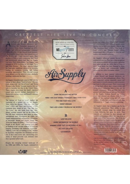 Air Supply ‎– Greatest Hits Live In Concert Limitli Baskı Renkli Lp Plak fiyatları