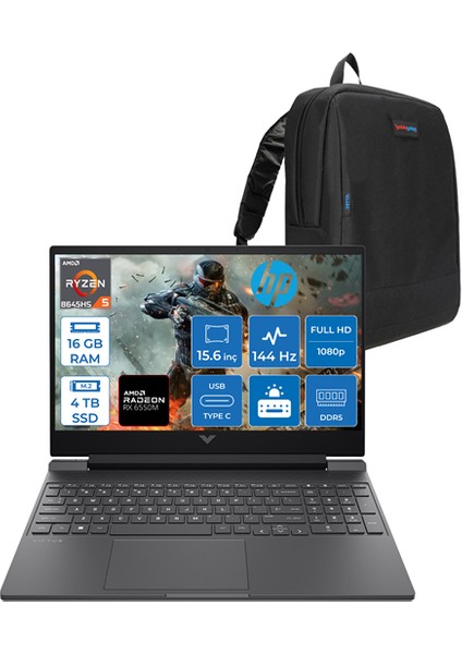 Victus Amd Ryzen 5 8645HS 16GB Ddr5 4tb SSD Amd Radeon™ RX6550M/4GB Windows 11 Home 15.6" Fhd 144Hz Taşınabilir Bilgisayar HP82WJEAH04 + Zettaçanta