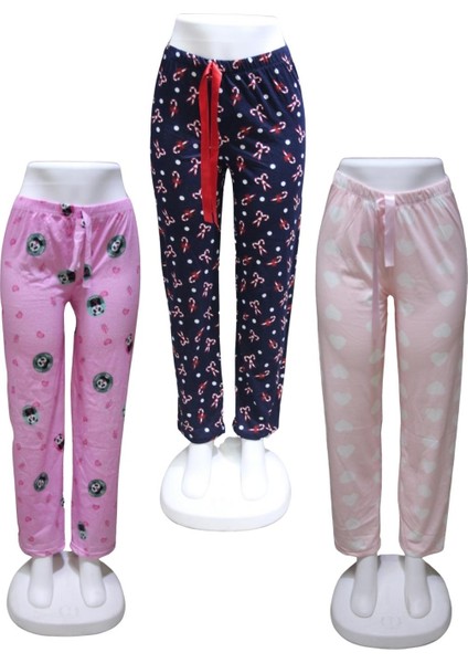 Likralı 3 Lü Paket Kurdele Bel Detaylı Baskılı Cepsiz Kadın Pijama ALTI1027