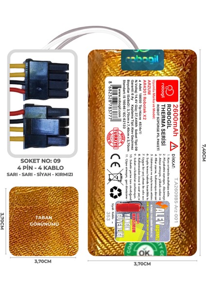 Arzum AR4301 Robotek X2 2600MAH Therma Serisi Alev Geçirmez Kaplamalı Uyumlu Robot Süpürge Bataryası T.A2609BS-ARZ-001
