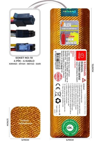 Midea M7 5200MAH Therma Serisi Alev Geçirmez Kaplamalı Uyumlu Robot Süpürge Bataryası T.C5210BS-MID-002