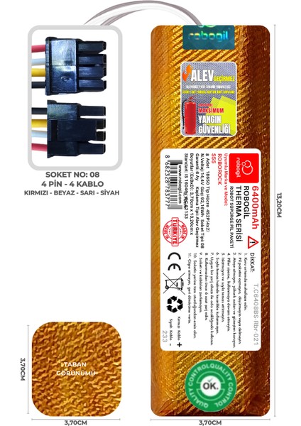 Roborock S55 6400MAH Therma Serisi Alev Geçirmez Kaplamalı Uyumlu Robot Süpürge Bataryası T.C6408BS-RBR-021