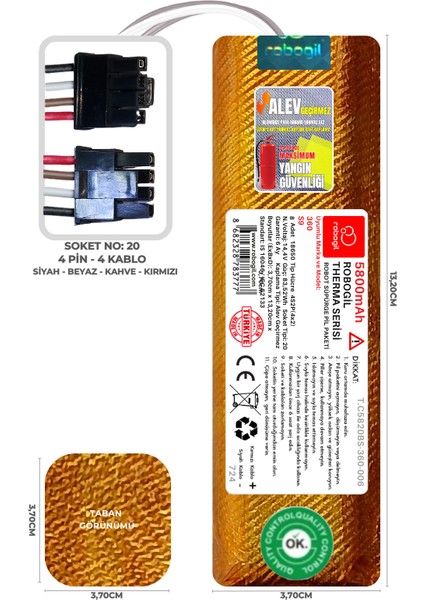 360 S9 5800MAH Therma Serisi Alev Geçirmez Kaplamalı Uyumlu Robot Süpürge Bataryası T.C5820BS-360-006