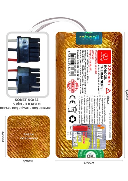 Xiaomi Mop 2 Lite Mjstl 3200MAH Therma Serisi Alev Geçirmez Kaplamalı Uyumlu Robot Süpürge Bataryası T.A3212BS-XIA-008