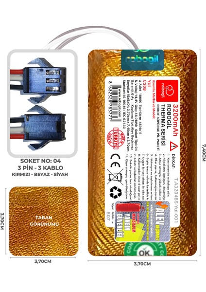 Yui C30B 3200MAH Therma Serisi Alev Geçirmez Kaplamalı Uyumlu Robot Süpürge Bataryası T.A3204BS-YUI-001