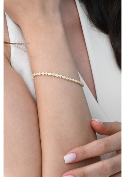 Gümüş Altın Yaldızlı Zirkon Taşlı Modern Görünümlü Ardışık Üçgenler Bileklik SGTL12853GOLD