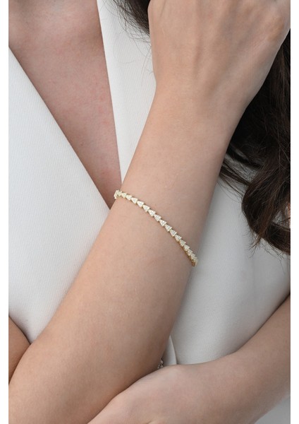 Gümüş Altın Yaldızlı Zirkon Taşlı Modern Görünümlü Ardışık Üçgenler Bileklik SGTL12853GOLD modelleri