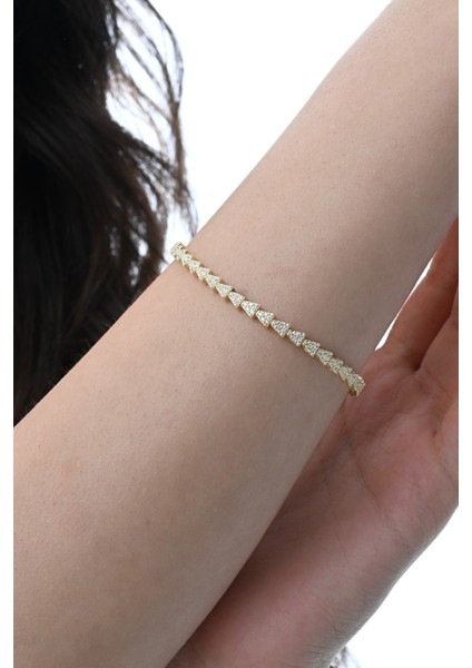 Gümüş Altın Yaldızlı Zirkon Taşlı Modern Görünümlü Ardışık Üçgenler Bileklik SGTL12853GOLD fırsatları