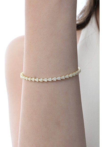 Gümüş Altın Yaldızlı Zirkon Taşlı Modern Görünümlü Ardışık Üçgenler Bileklik SGTL12853GOLD indirimleri