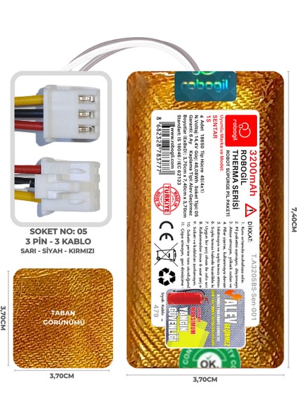 Sentar 1s 3200MAH Therma Serisi Alev Geçirmez Kaplamalı Uyumlu Robot Süpürge Bataryası T.A3205BS-SEN-001