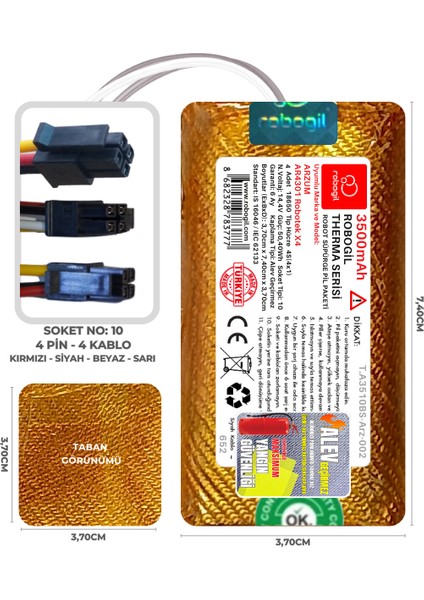 Arzum AR4301 Robotek X4 3500MAH Therma Serisi Alev Geçirmez Kaplamalı Uyumlu Robot Süpürge Bataryası T.A3510BS-ARZ-002