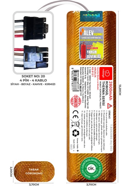 Arçelik Rs 9131 2600MAH Therma Serisi Alev Geçirmez Kaplamalı Uyumlu Robot Süpürge Bataryası T.B2620BS-ARÇ-003