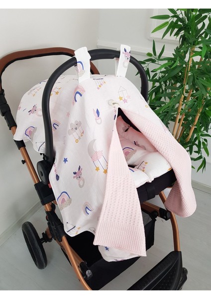 Müslin Pike Çift Kat Puset Örtüsü, Minderli Bebek Çift Kat Kışlık Puset Örtüsü, %100 Pamuklu