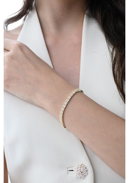 Gümüş Altın Yaldızlı Zirkon Taşlı Modern Görünümlü V Model Uzay Yolu Bileklik SGTL12855GOLD indirimleri