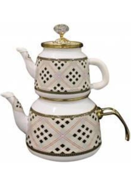 Vintage ekose emaye çaydanlık ve takım seti, şık ve kullanışlı tasarım