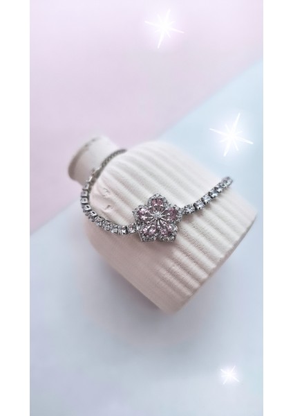 Çiçek Figürlü Pembe Zirkon Beyaz Suyolu Çelik Bileklik modelleri