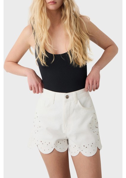 Pamuklu Taş Detaylı Regular Fit Yüksek Bel Mini Kot Short Bayan Short 053