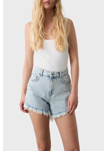 % 100 Pamuk Yırtıklı Regular Fit Yüksek Bel Mini Kot Short Bayan Short 053