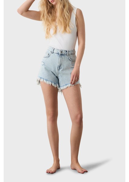 % 100 Pamuk Yırtıklı Regular Fit Yüksek Bel Mini Kot Short Bayan Short 053