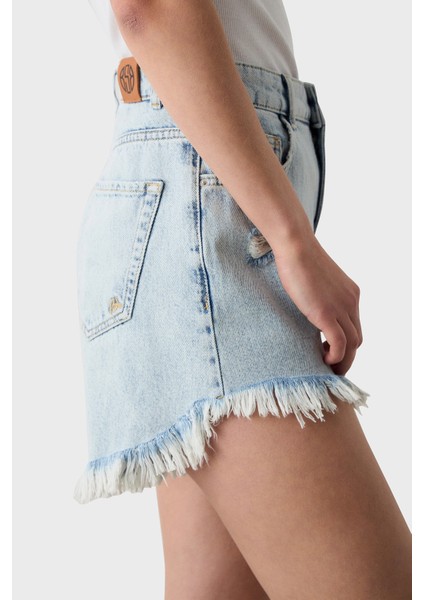 % 100 Pamuk Yırtıklı Regular Fit Yüksek Bel Mini Kot Short Bayan Short 053