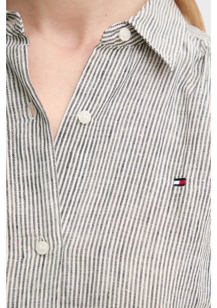 Çizgili Logolu % 100 Keten Regular Fit Kemerli Gömlek Elbise Bayan Gömlek Elbise WW0WW44653 0x9