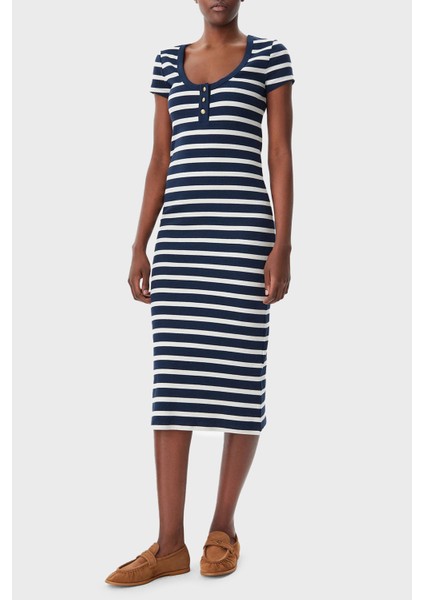 Çizgili Streç Pamuklu Slim Fit Midi Boy Elbise Bayan Elbise WW0WW43864 0A4