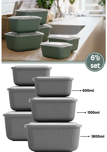 6 Lı Erzak Gıda Saklama Kabı, Buzdolabı Düzenleyici Organizer 6 Lı Set 2X(600ML,1100ML,1800ML) Gri