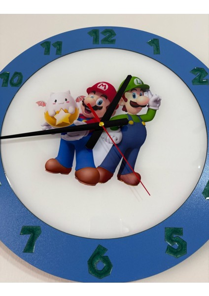 Çocuk Odası Duvar Saati - Epoksi Reçine Kaplamalı - Süper Mario ve Luigi Mario Bros- 40 cm