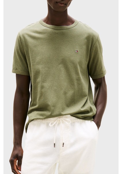 Keten ve Pamuk Karışımlı Regular Fit Bisiklet Yaka T Shirt Erkek T Shirt MW0MW38637 Plı