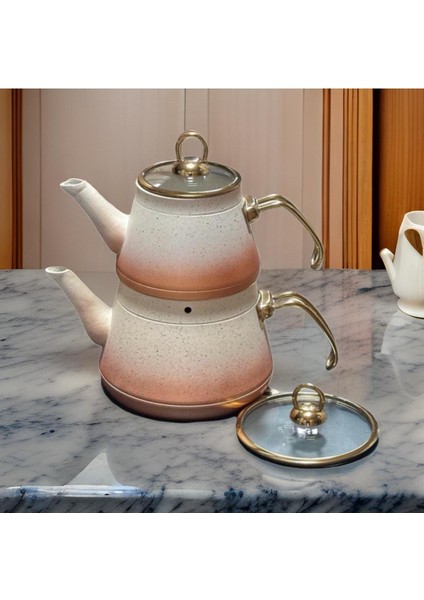 Şık çift kapaklı ve altın kulplu granit çaydanlık seti, aile boyu kullanım için ideal