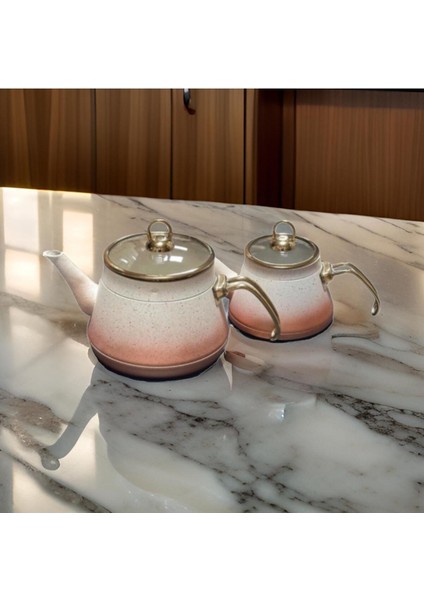 Şık çift kapaklı ve altın kulplu granit çaydanlık seti, aile boyu kullanım için ideal fiyatları