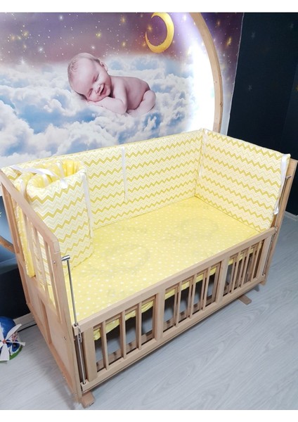 70X130 Beşik Yatak Kenar Korumalık 4 Parça - Sarı Ince Zigzag Yıldız Desen (Çarşaf Hariç)