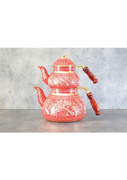 2.8L Çiçek İşlemeli Kalaylı Bakır Çaydanlık Takımı, Kırmızı, 3L Hacim