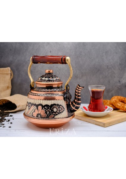 1,6 Litre El İşlemeli Nostaljik Tekli Kalaylı Dövme Bakır Demlik, Çaydanlık, Su Isıtıcısı